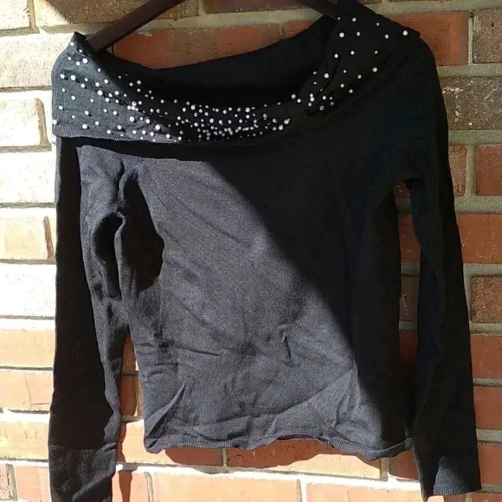 Oh la la off the shoulder pearl silk sweater